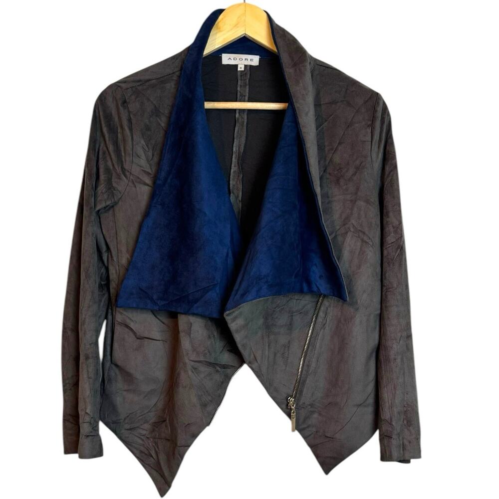Adore Blue Gray Velvet Draped Asymmetric Zip Hi-Lo Hem Moto Jacket Small - Picture 2 of 11